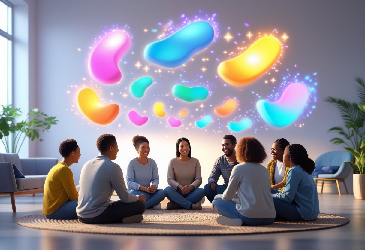 사람들이 원을 이루며 앉아 긍정적인 에너지가 퍼지는 모습을 보여주는 장면