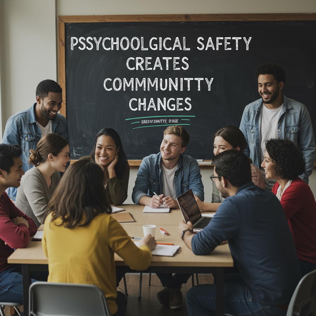 칠판에 ‘PSYCHOLOGICAL SAFETY CREATES COMMUNITY CHANGES’ 문구가 적힌 강의실에서 토론하는 사람들