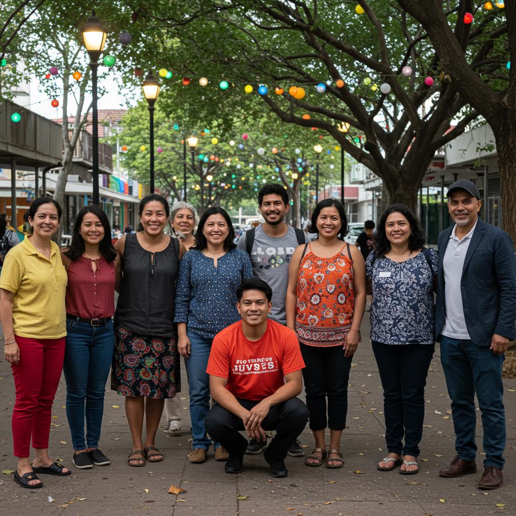 가로등 불빛 아래 사람들이 함께 서서 미소를 나누며 지역사회 실천 모델의 따뜻한 공동체를 보여주는 모습