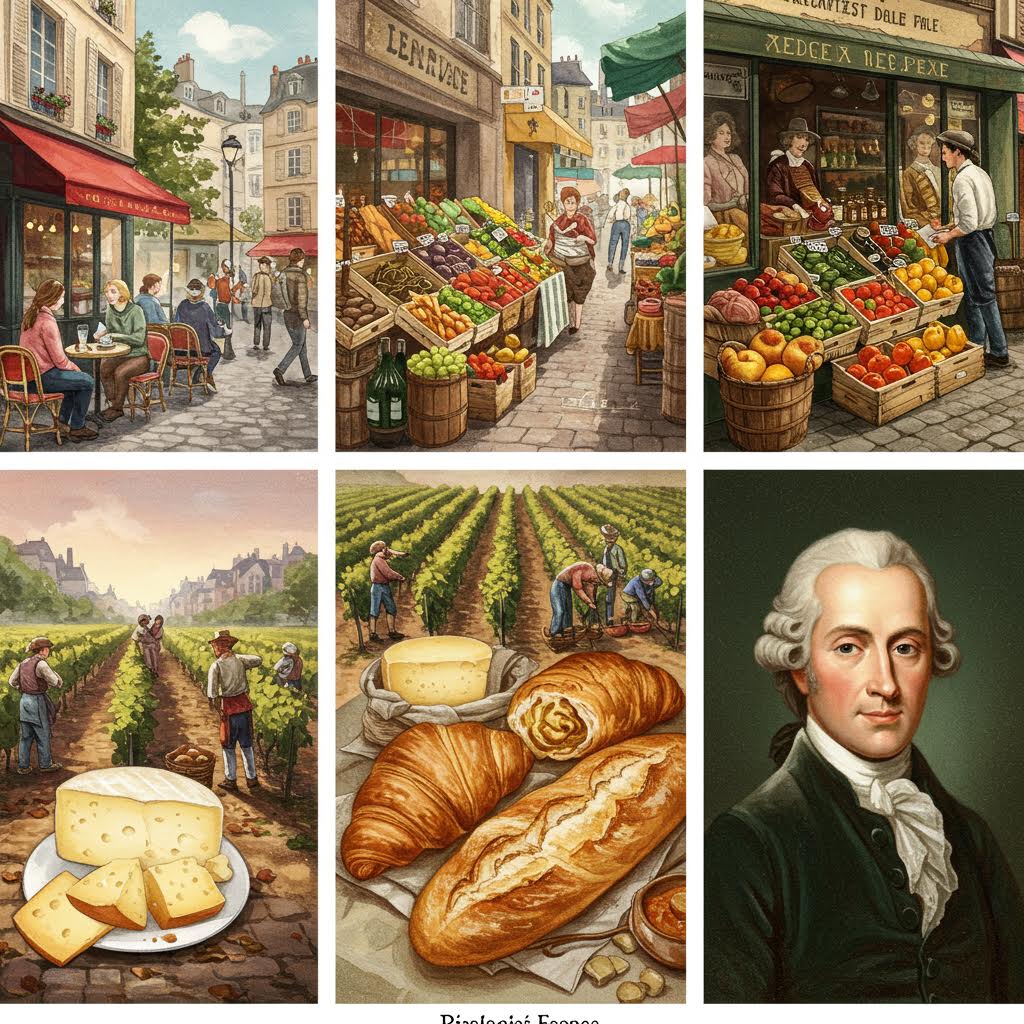 프랑스 시장과 밭, 빵과 치즈가 나란히 등장하며 일상 속 실천적 삶의 방식을 보여주는 문화적 장면