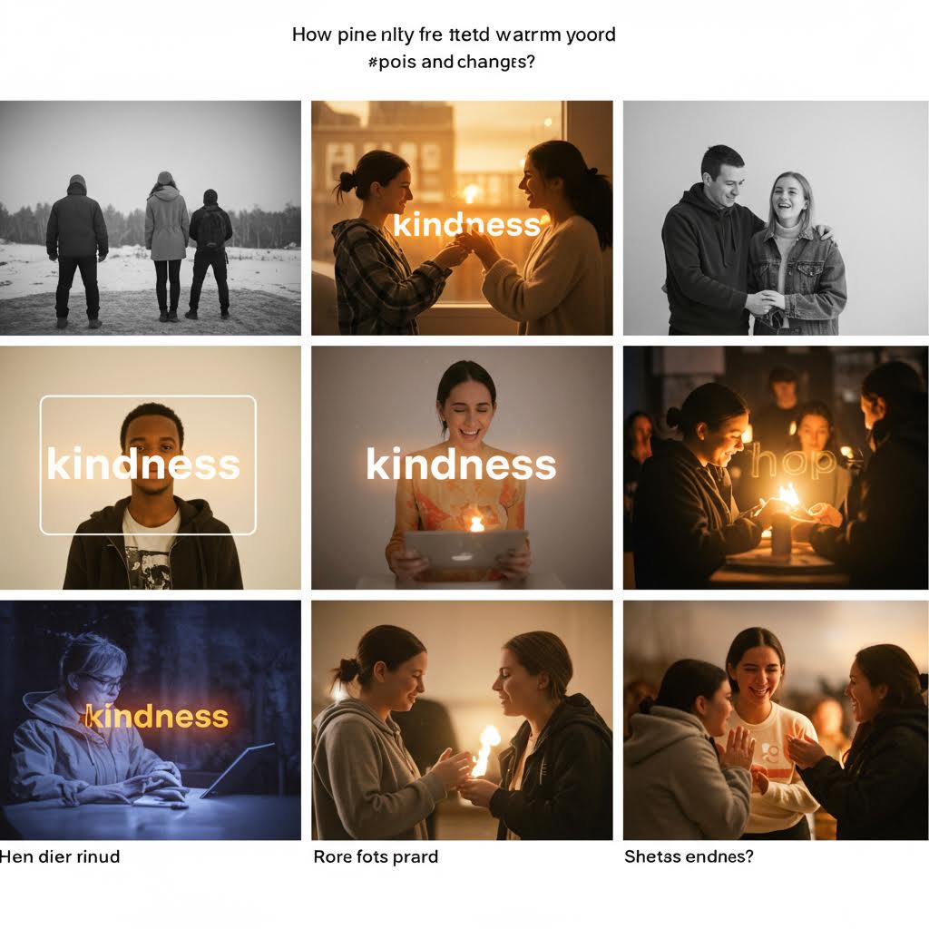 사람들이 따뜻한 불빛 속에서 ‘kindness’라는 단어와 함께 교류하며 디지털 시대의 공감과 대화 변화를 표현한 장면