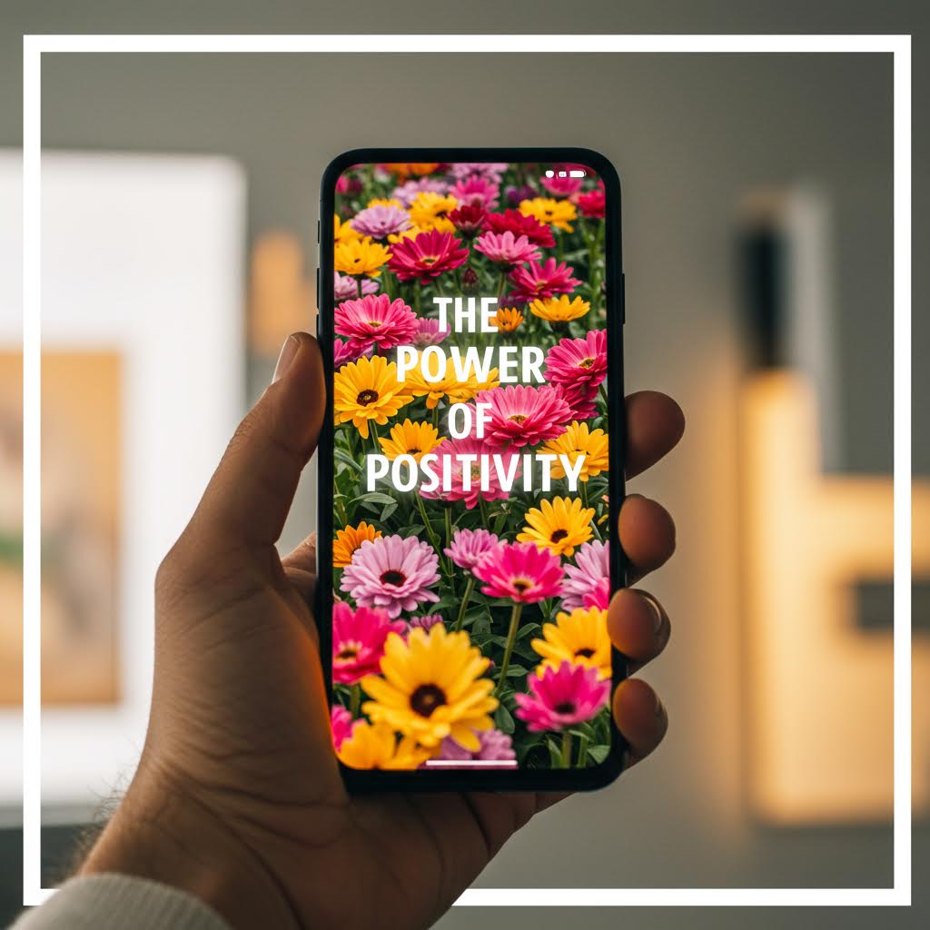 꽃무늬 배경에 ‘THE POWER OF POSITIVITY’ 문구가 표시된 스마트폰을 손에 들고 있는 모습