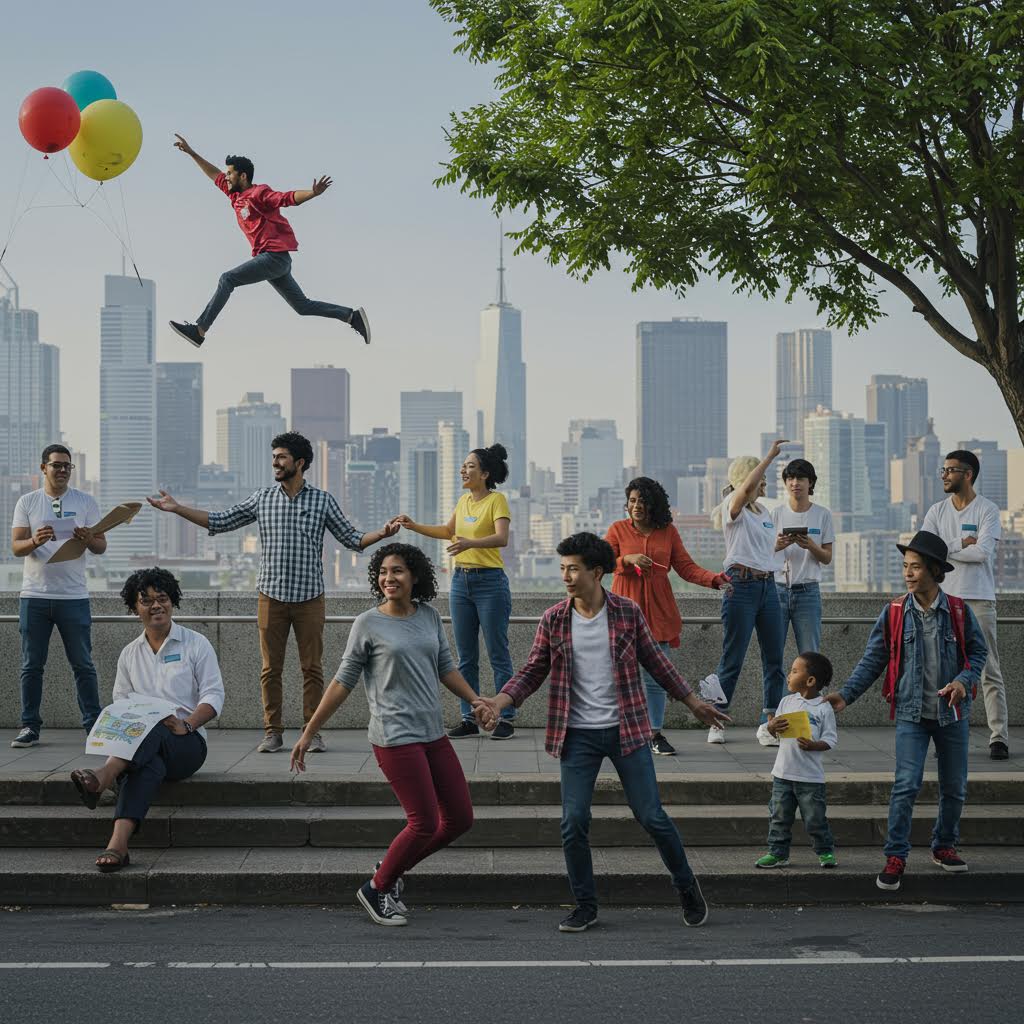 도시 스카이라인을 배경으로 사람들이 함께 어울리며 풍선과 웃음 속에 행복을 표현하는 철학적 순간