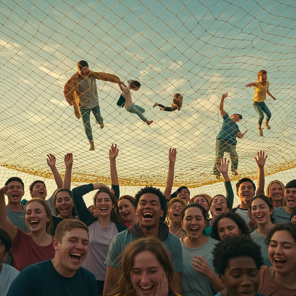 밝은 하늘을 배경으로 여러 명의 사람들이 공중에서 점프하거나 던져지는 장면. 아래에는 많은 사람들이 손을 들어 환호하고 있으며, 격자무늬가 오버레이되어 있다.