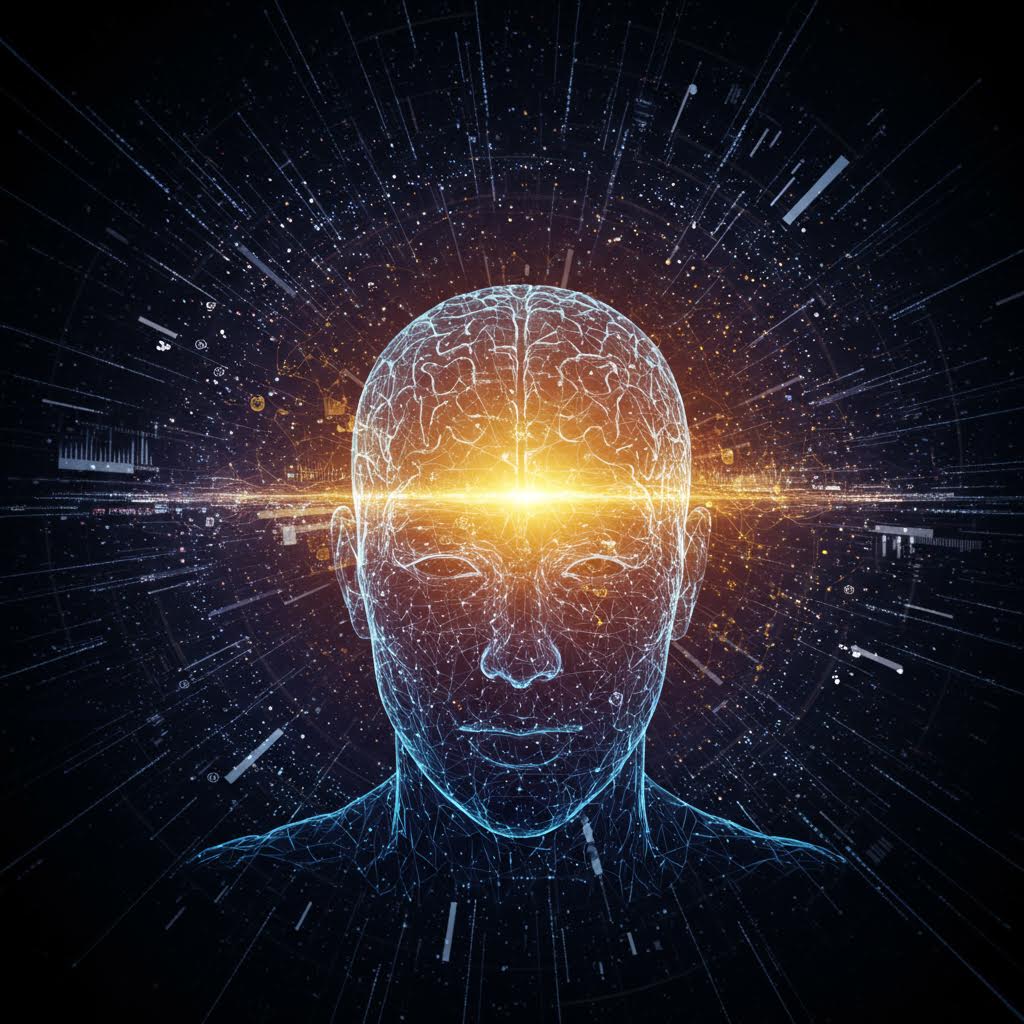 어두운 배경에 사람 머리 실루엣이 있고, 그 안에 밝게 빛나는 뇌가 표현되어 있다. 뇌에서 빛의 선들이 사방으로 방사되며 디지털 데이터 흐름을 시각화하고 있다.