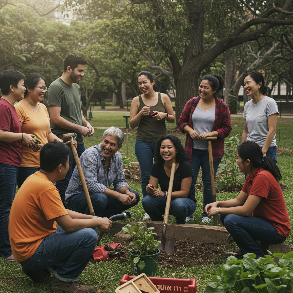 공원에서 모인 다양한 사람들이 나무 화분 주위에 원형으로 앉아 있고 서 있는 모습. 일부는 원예 도구를 들고 있으며, 햇빛이 나무 사이로 비치고 있다.