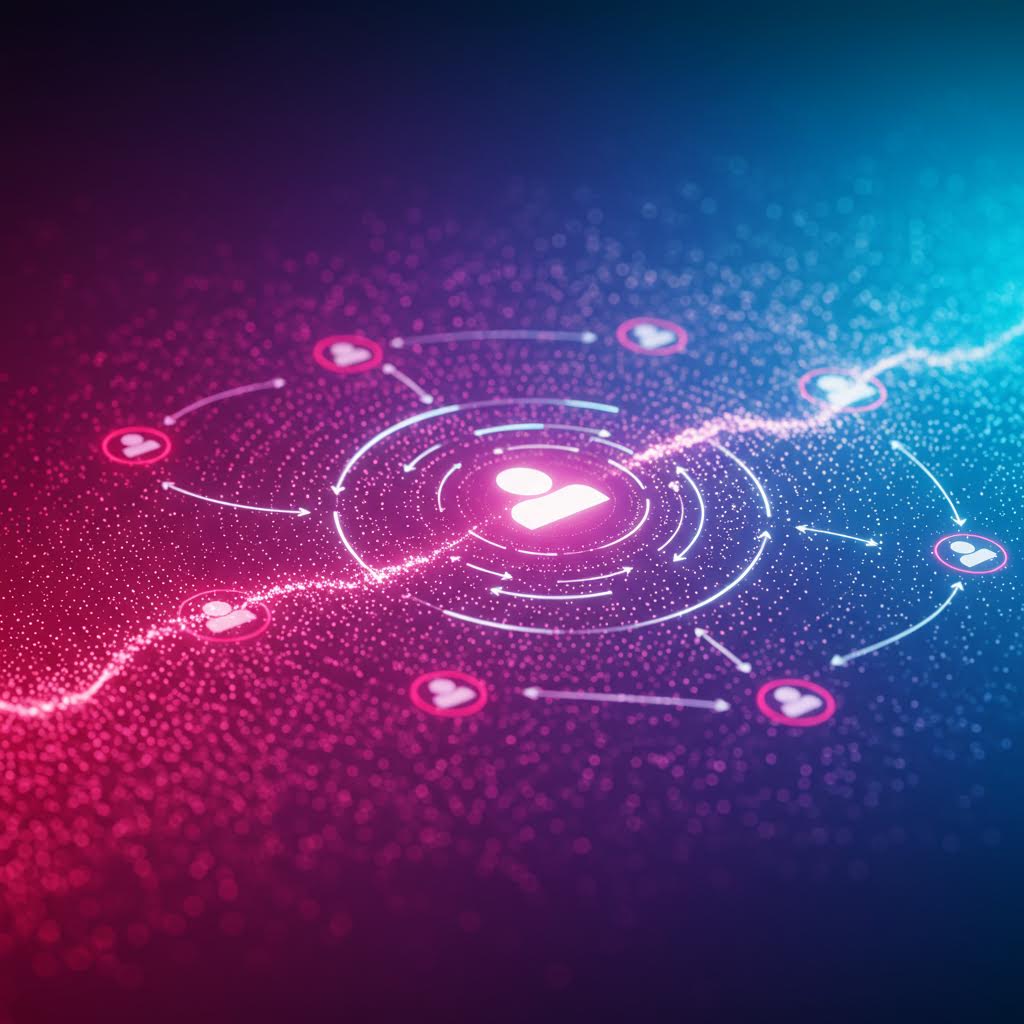 도시 야경 위에 오렌지색 네온 라인으로 연결된 디지털 네트워크 시각화. 도로와 건물들 위로 빛나는 연결선과 노드들이 표시되어 스마트 시티 개념을 표현하고 있다.