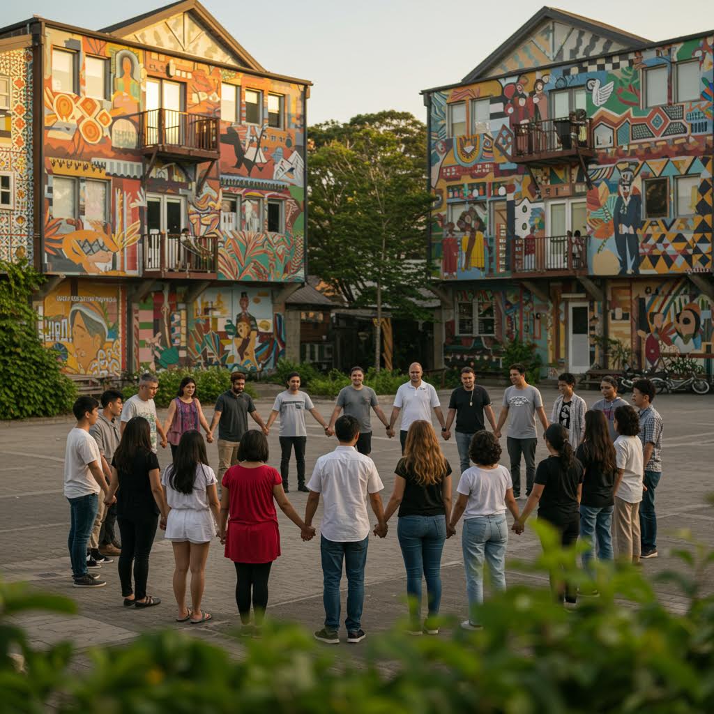 벽화가 그려진 낡은 건물들 앞에서 여러 명의 사람들이 뒷모습으로 서서 건물을 바라보고 있다. 건물 벽면에는 다채로운 예술 작품들이 그려져 있다.