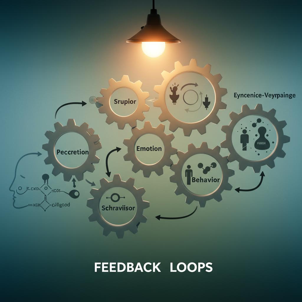 청록색 조명 아래 여러 개의 톱니바퀴들이 배치되어 있고, 각각에 영어 텍스트가 적혀있다. 하단에 'FEEDBACK LOOPS' 텍스트가 있으며, 피드백 순환 시스템을 시각화한 이미지이다.