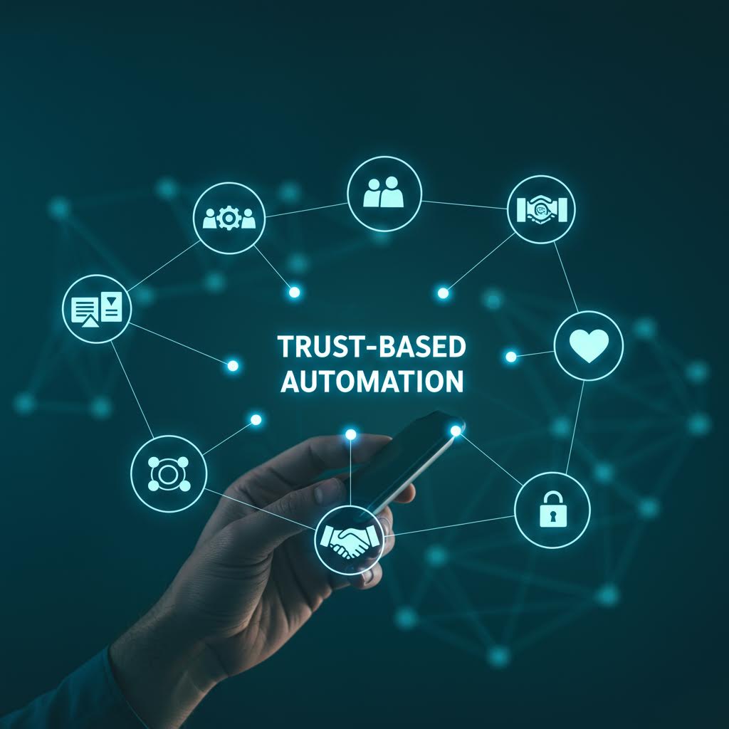 청록색 배경에 손이 디지털 인터페이스를 조작하는 이미지. 중앙에 'TRUST-BASED AUTOMATION' 텍스트가 있고, 주변에 다양한 아이콘들이 원형으로 배치되어 있다.