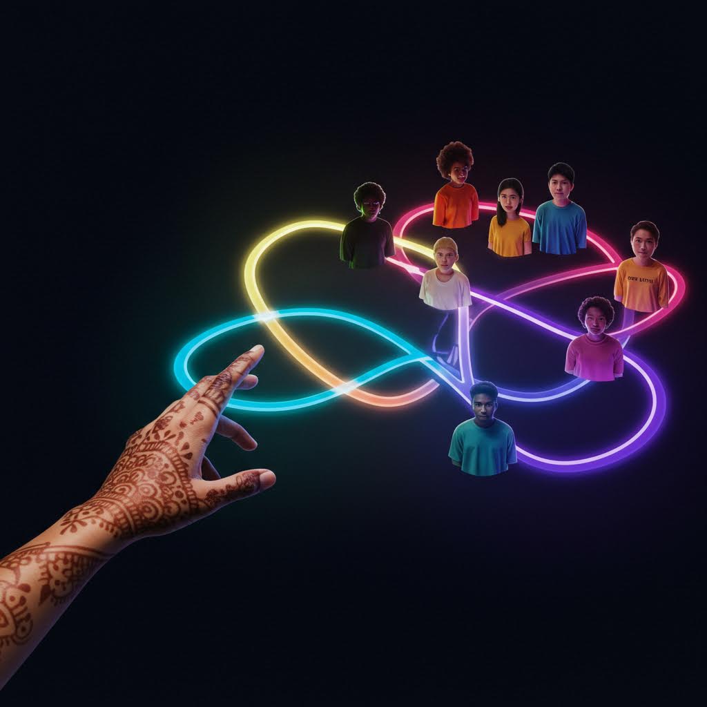 검은 배경에 손에서 네온 색상(청록색과 보라색)의 빛 궤적이 나와 공중의 사람들을 연결하는 모습. 빛의 흐름이 네트워크 연결을 상징적으로 표현하고 있다.