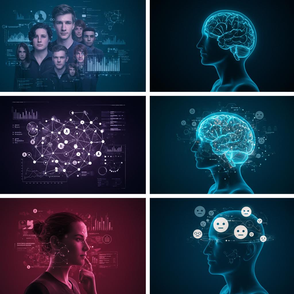  6개의 이미지로 구성된 그리드. 데이터 분석 화면, 뇌 이미지, 네트워크 시각화, 인공지능 관련 디지털 아트 등 기술과 데이터를 주제로 한 이미지들이 모여있다.