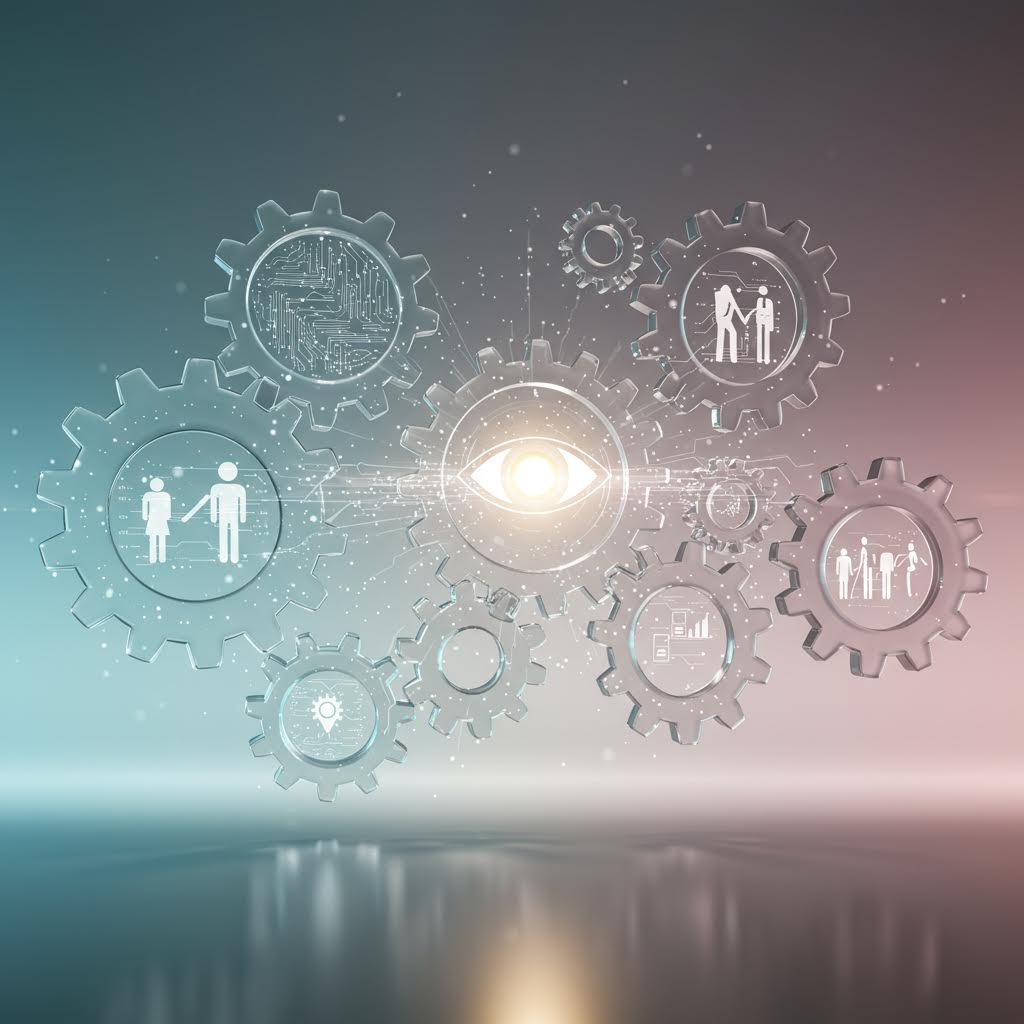 파스텔 톤 배경에 투명한 톱니바퀴들이 서로 맞물려 있는 개념 이미지. 각 톱니바퀴 안에 사람과 관련된 아이콘들이 있으며, 수평선 위로 반사되는 모습이 보인다.