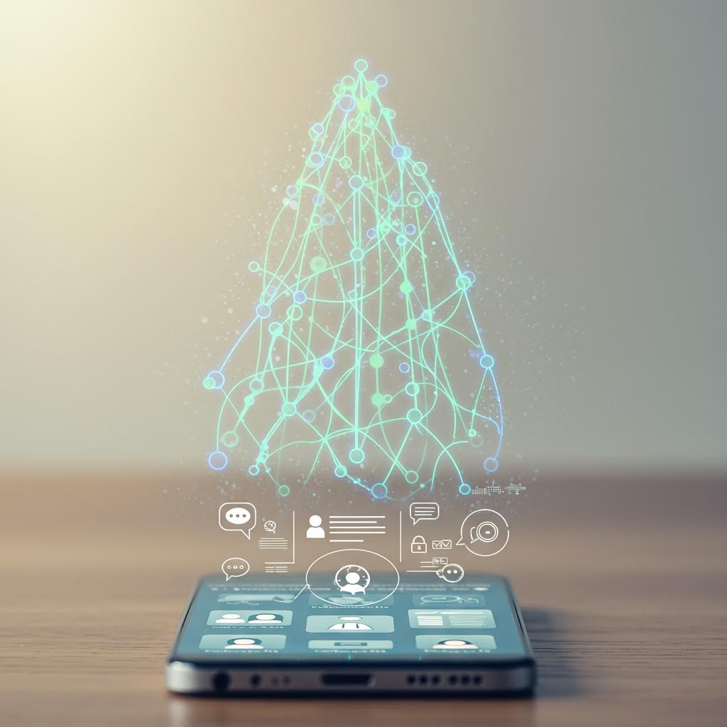 스마트폰 위에 홀로그램처럼 투사된 청록색 빛의 크리스마스 트리와 그 아래 다양한 아이콘들. 미래형 디지털 기술을 표현한 개념 이미지이다.