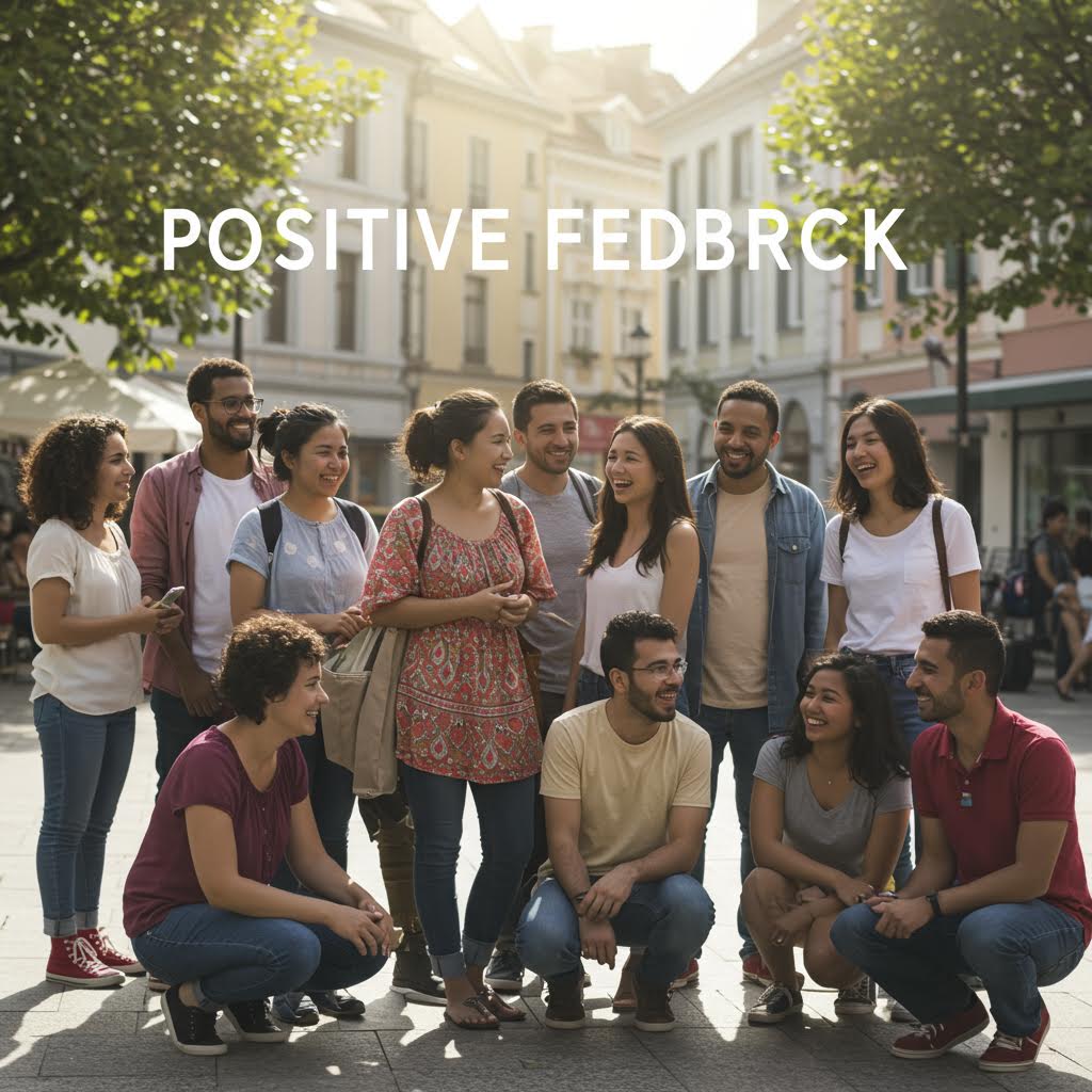 건물 앞 광장에서 'POSITIVE FEEDBACK' 텍스트와 함께 다양한 사람들이 서 있거나 앉아 있는 단체 사진. 햇빛이 비치는 야외 환경이다.