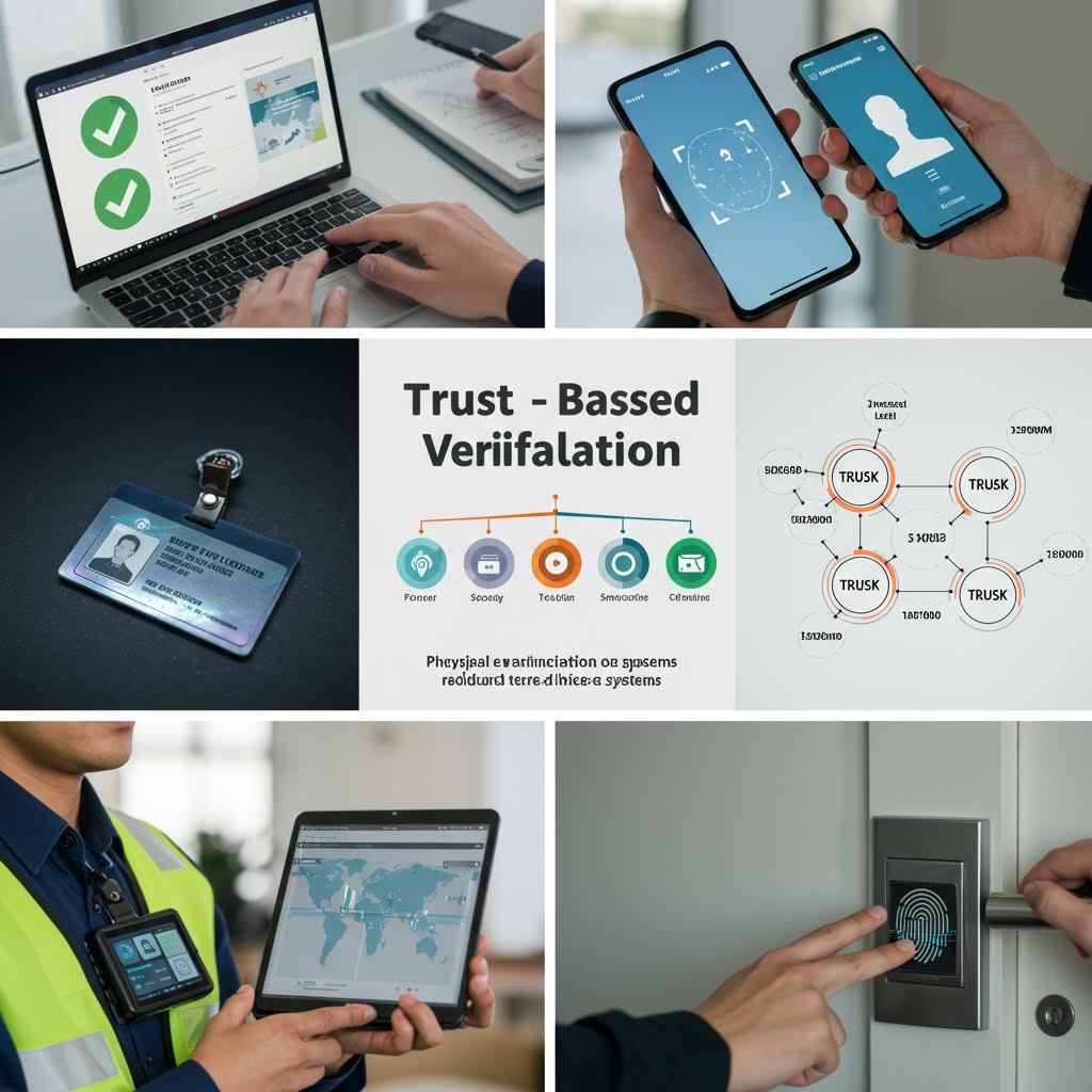 6개의 이미지로 구성된 그리드. 노트북과 스마트폰의 신원 확인 화면, 디지털 ID 카드, 신뢰 기반 검증 다이어그램, 보안 출입 시스템 등 디지털 인증과 보안 관련 이미지들이 모여있다.