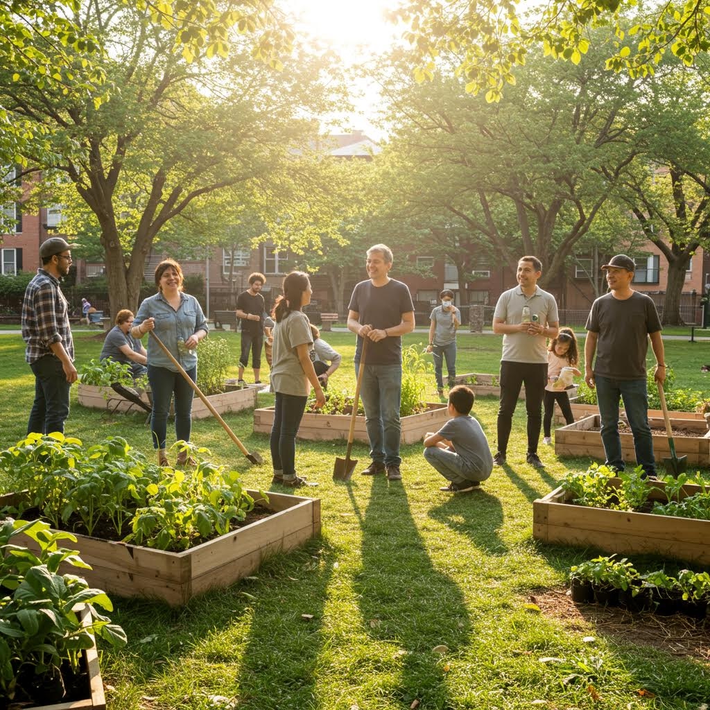정원 한가운데서 참여자들이 모여 식물과 공간을 가꾸며 공동체 흐름을 자연 속에서 확장하는 순간