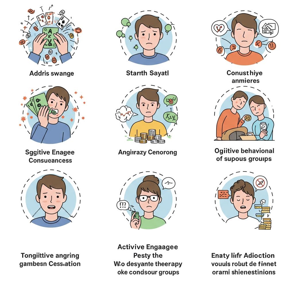 3x3 격자로 배열된 9개의 만화 일러스트레이션. 각 컷은 도박 중단에 영향을 미치는 다양한 인지적 및 행동적 변화들을 묘사합니다. 카드 게임 중 스트레스를 받는 모습, 돈을 숨기거나 셈하는 모습, 집단 상담을 받는 모습 등, 복잡한 감정적/심리적 상태를 반영하는 요소들이 담겨 있어 인지적 변화의 핵심을 보여줍니다.
