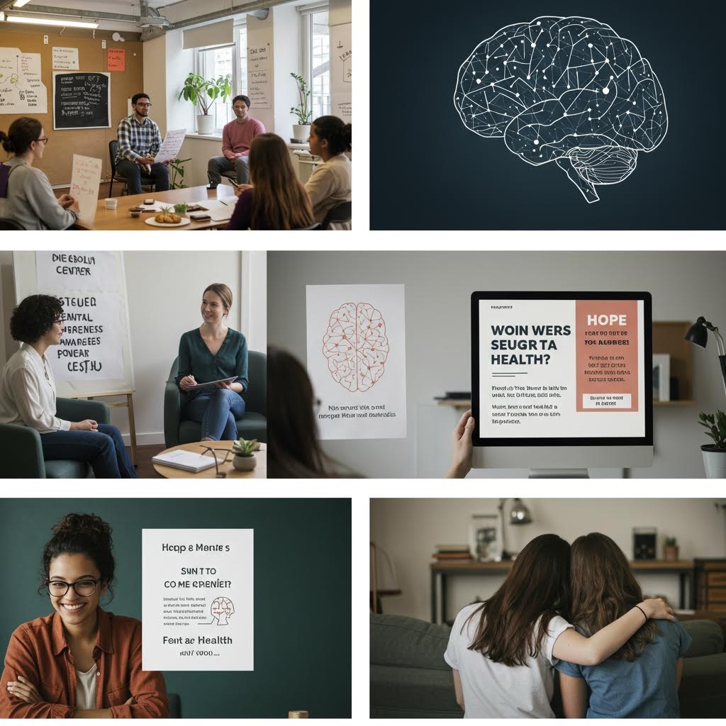 3x2 격자로 구성된 6분할 이미지. 상단 왼쪽에는 그룹 토론 세션에 참여한 사람들이 앉아 있고, 오른쪽에는 뇌의 신경망을 추상적으로 그린 연결망 그림이 있습니다. 나머지 4개 컷은 'HOPE', 'HEALTH' 등 정신 건강 관련 문구가 적힌 포스터, 상담 장면, 그리고 웃는 여성과 서로 안고 있는 두 여성 등 공공 커뮤니케이션 전략으로서의 정신 건강 캠페인 활동들을 보여줍니다.