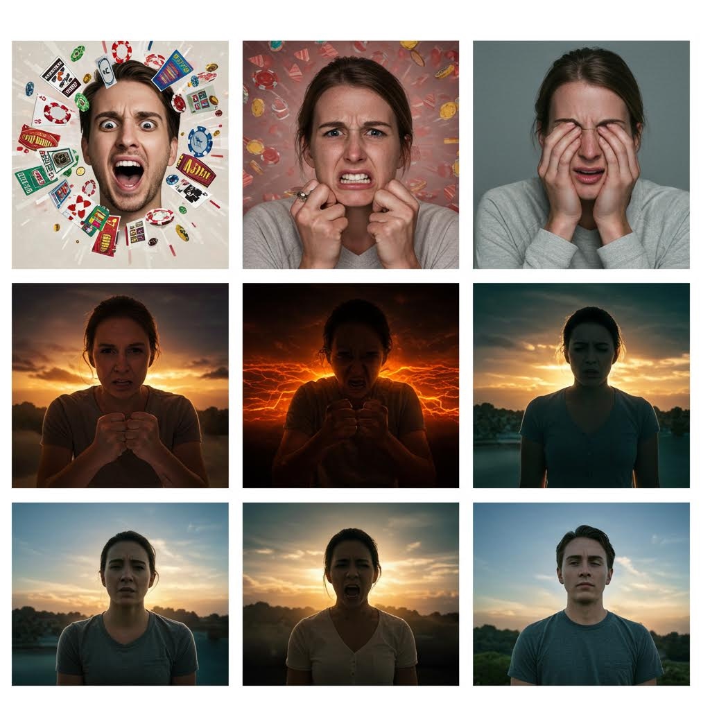 3x3 격자로 배열된 9분할 이미지로, 한 여성과 남성의 얼굴이 감정의 스펙트럼을 보여줍니다. 상단에는 극도의 흥분(카지노 칩), 분노, 좌절(우는 모습)을 나타내는 표정, 중앙과 하단에는 노을진 배경 아래에서 분노와 슬픔, 체념 등을 표현하는 표정들이 극적으로 대비되어, 도박 중단 과정에서 나타나는 복잡하고 다층적인 심리적 변화를 시각적으로 보여줍니다.