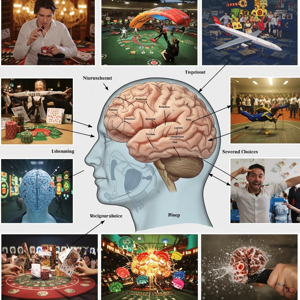 사람의 측면 뇌 단면도와 그 주변에 9개의 이미지 컷이 배치된 복합적인 이미지. 뇌 영역에는 'Decisions', 'Emotions', 'Choices' 등 결정과 관련된 단어들이 표시되어 있습니다. 주변 컷들은 카지노 딜러, 스카이다이버, 비행기 모형을 든 사람들, 달리는 사람들 등 위험하고 역동적인 상황들을 보여주며, 이는 심리학적 요소가 얽혀 위험에 취약해진 전략의 메커니즘을 뇌 구조와 행동을 통해 설명합니다..