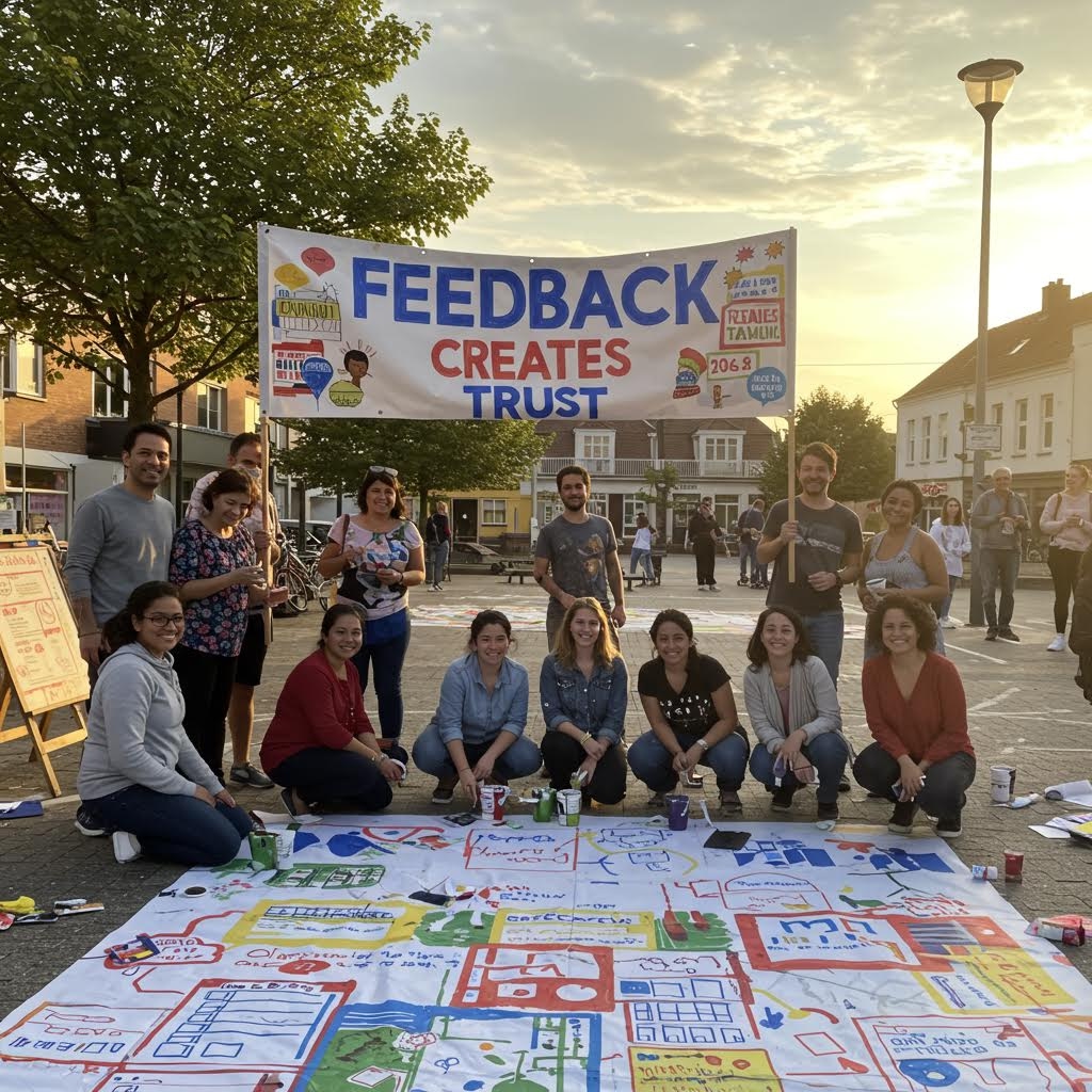 도심 광장에 모인 사람들이 다양한 패널을 펼쳐 놓고 의견을 공유하며 열린 참여 구조를 보여주는 장면