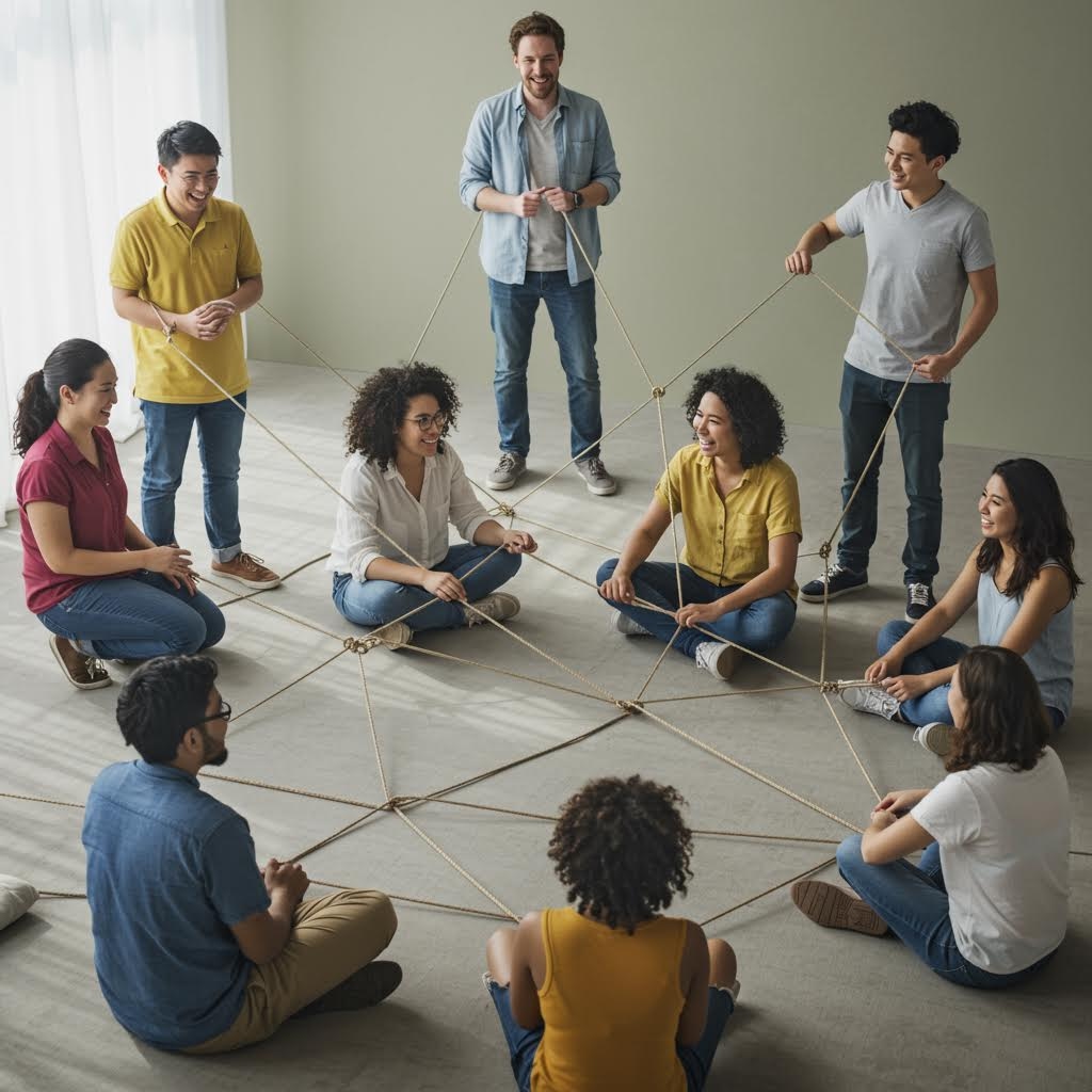 바닥에 엮인 끈을 잡고 원을 이룬 사람들이 협력 구조를 실험하듯 연결 방식을 탐색하는 모습