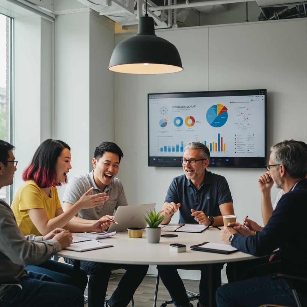 둥근 회의 테이블에 앉은 사람들이 화면의 차트를 보며 활발히 논의하는 학습 기반 대화의 순간