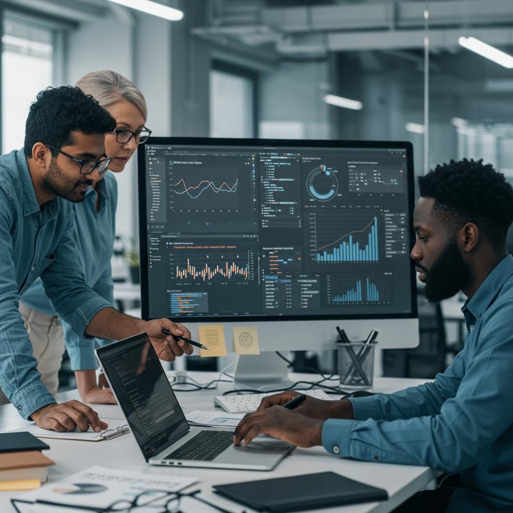 데이터 분석 화면을 둘러보고 지표 변화를 함께 해석하는 팀원들의 실무 중심 협력 장면