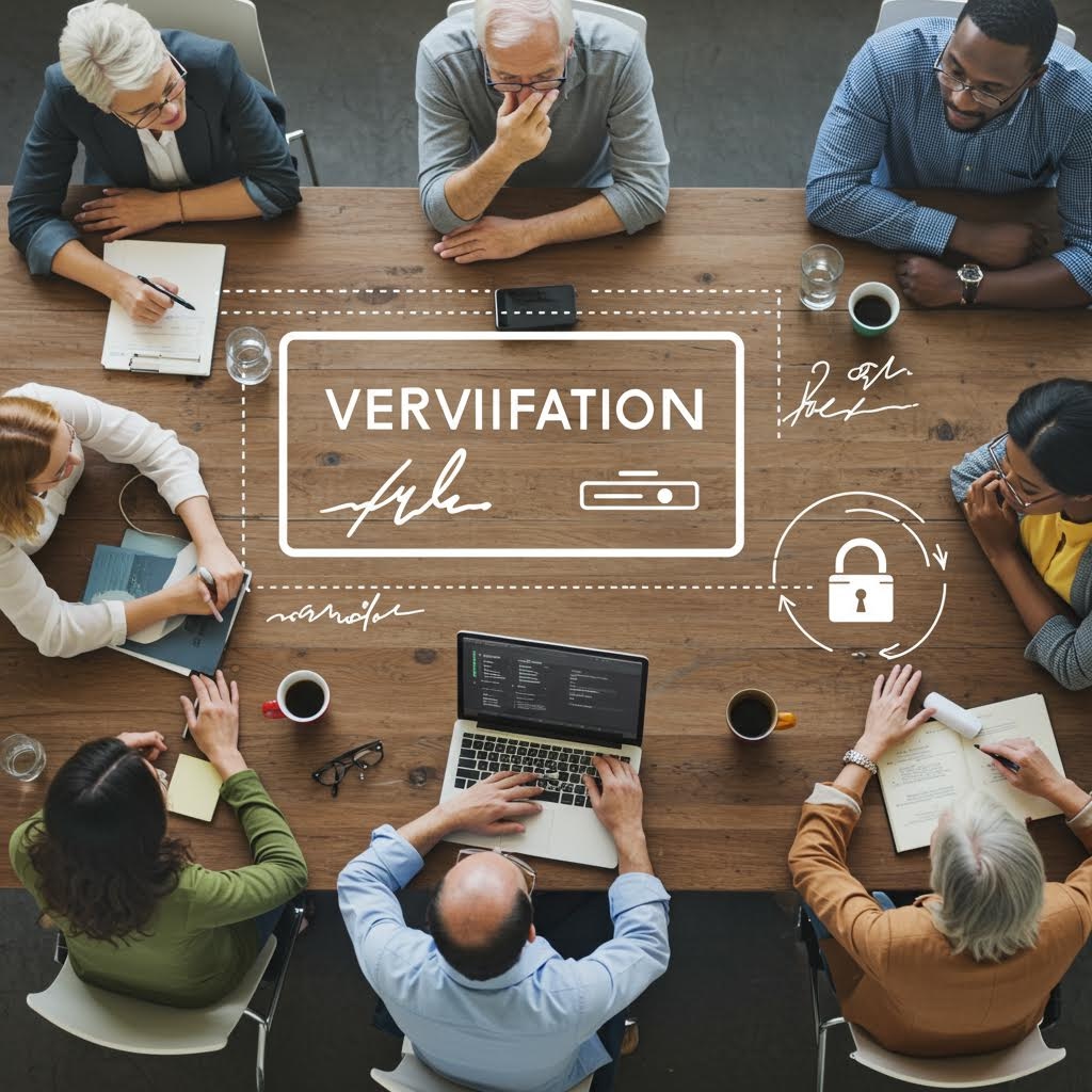 긴 테이블을 중심으로 여러 사람이 인증 절차를 논의하듯 자료를 검토하는 협업 회의의 모습