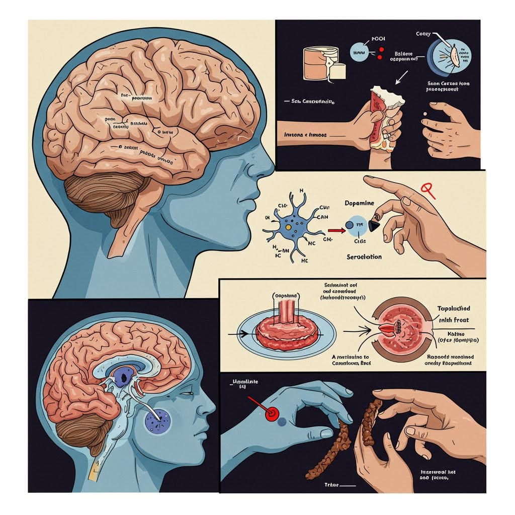 사람의 뇌 측면 단면도와 신경 전달 물질(도파민, 세로토닌)의 작동 방식 및 신체에 미치는 영향을 설명하는 4개의 분할된 과학적 다이어그램. 신경세포 구조, 손을 잡는 행동, 그리고 음식 섭취 시의 화학적 반응 등 여러 요소가 뇌와 신체의 관계를 설명하며, 이는 신경학적 작동 메커니즘을 시각적으로 보여줍니다.