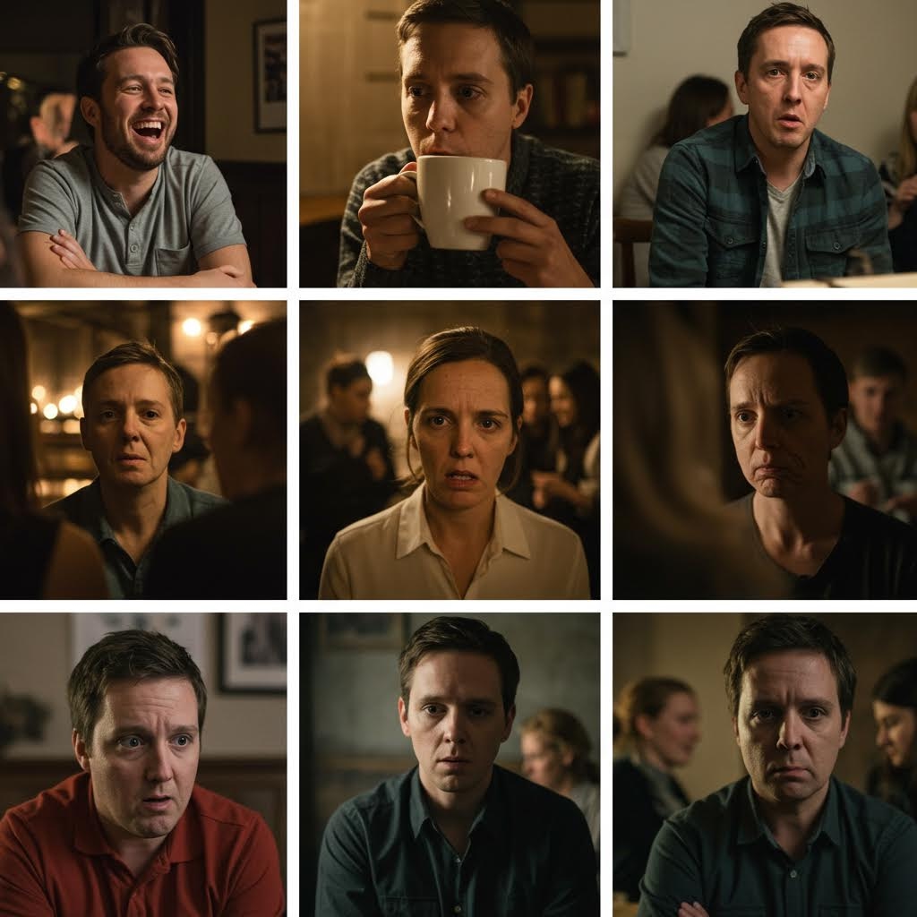 3x3 격자로 배열된 9분할 이미지. 동일한 남녀 배우들이 웃음, 깊은 생각, 놀람, 혼란, 냉담함 등 다양한 극단적인 감정 상태를 연기하고 있습니다. 특히 한 여성은 공포에 질린 듯한 표정을 짓고 있으며, 이는 도박이나 스트레스 상황에서 실제 행동으로 나타나는 복잡하고 급격한 신경학적 변화를 묘사합니다..