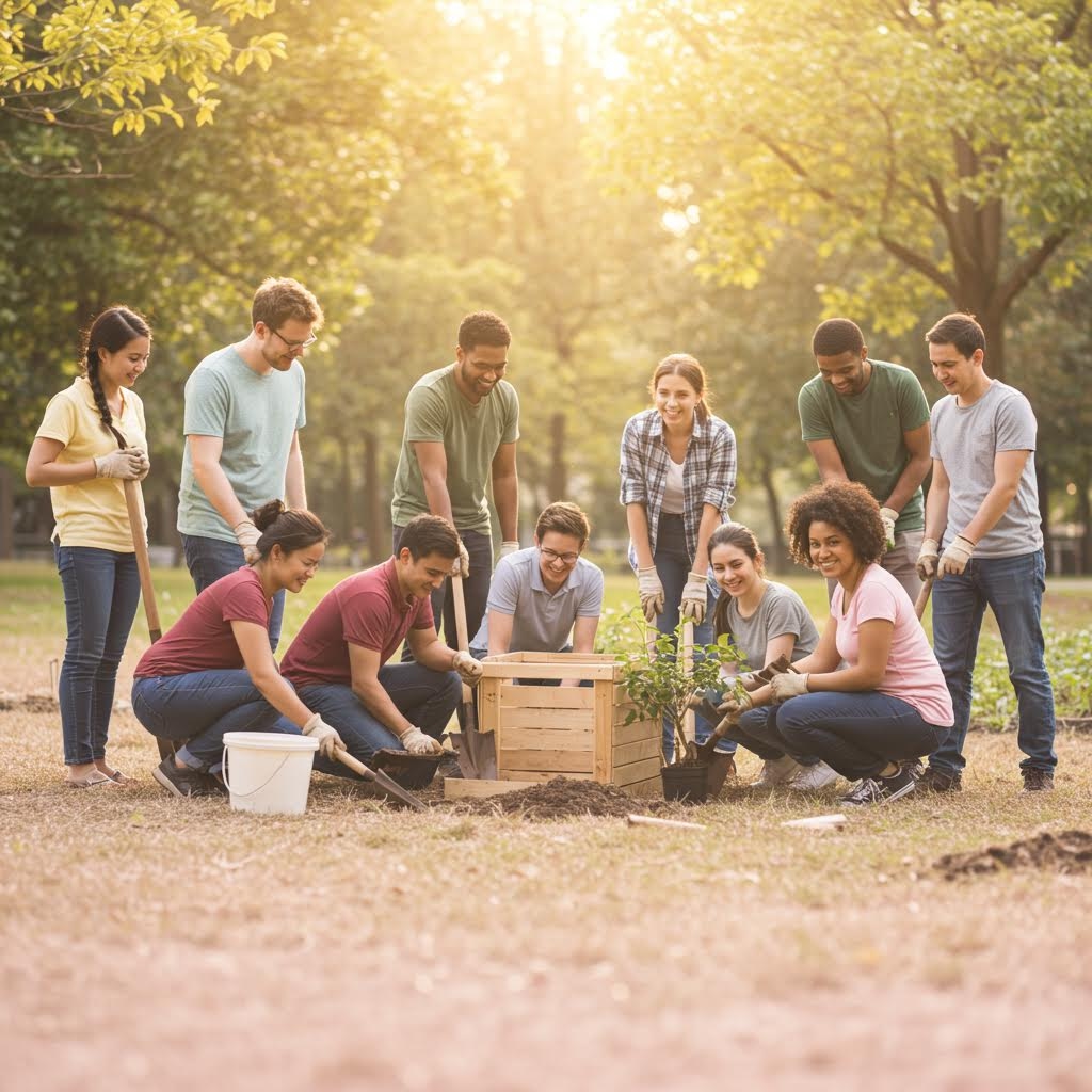 햇빛이 스며든 공원에서 팀원들이 작은 밭을 돌보며 지속 가능한 활동을 함께 이어가는 장면