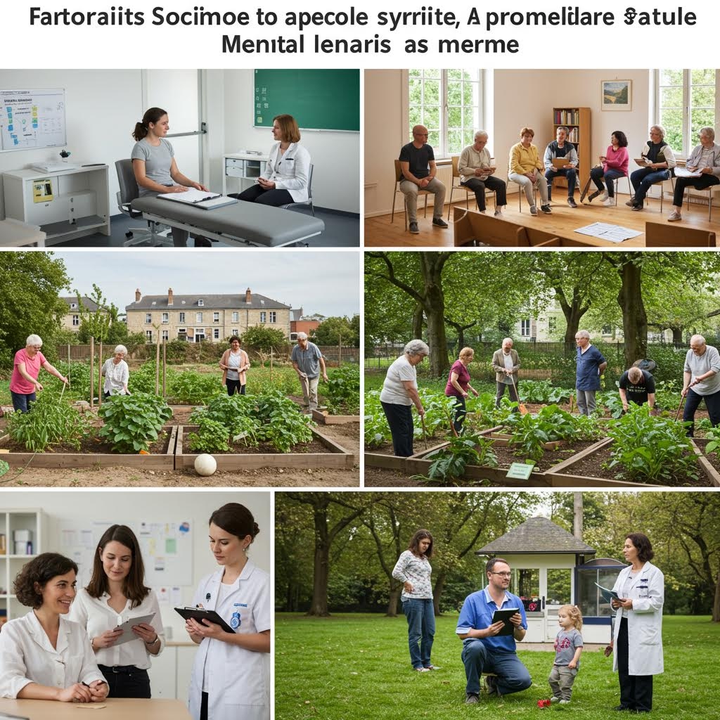 3x2 격자 배열의 6분할 사진. 병원 진료실 상담 장면, 그룹 치료 또는 지원 모임, 그리고 사람들이 텃밭에서 함께 정원 가꾸기를 하는 모습 등이 담겨 있습니다. 이는 의료 전문가와의 상담, 공동체 활동, 그리고 대규모 캠페인을 통한 정신 건강 인식 변화 및 사회적 성과를 다루는 주제를 시각적으로 보여줍니다.