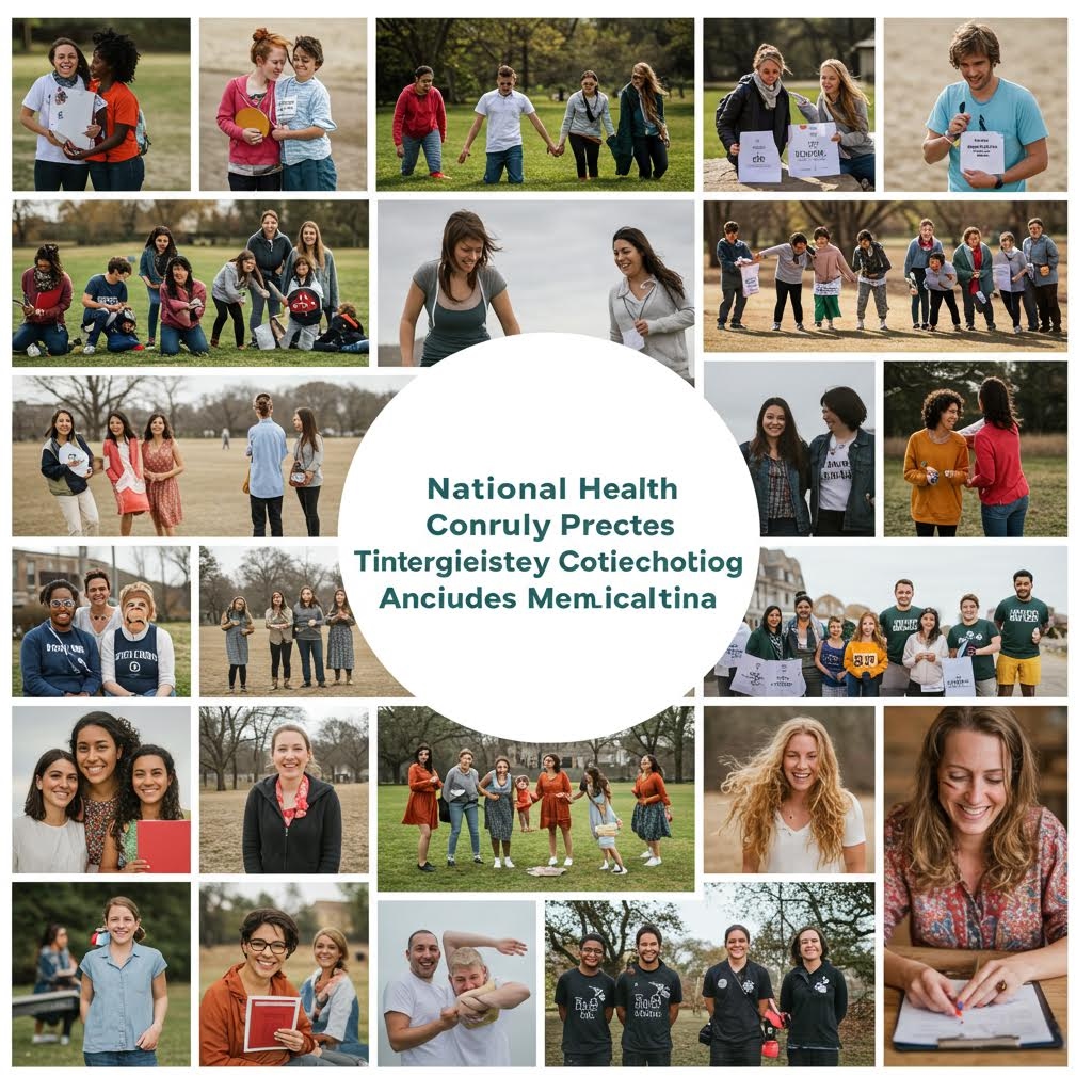 여러 지역 활동 사진들이 원형 배치를 이루며 공동체 건강 프로그램의 다층적 참여가 드러나는 구성