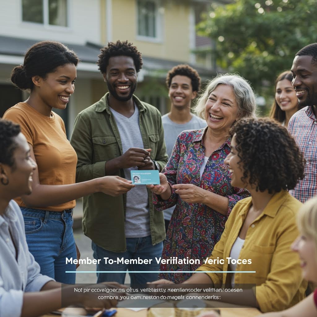 야외에서 여러 사람이 서로의 신분증을 확인하며 웃음 섞인 분위기로 신뢰 절차를 진행하는 순간
