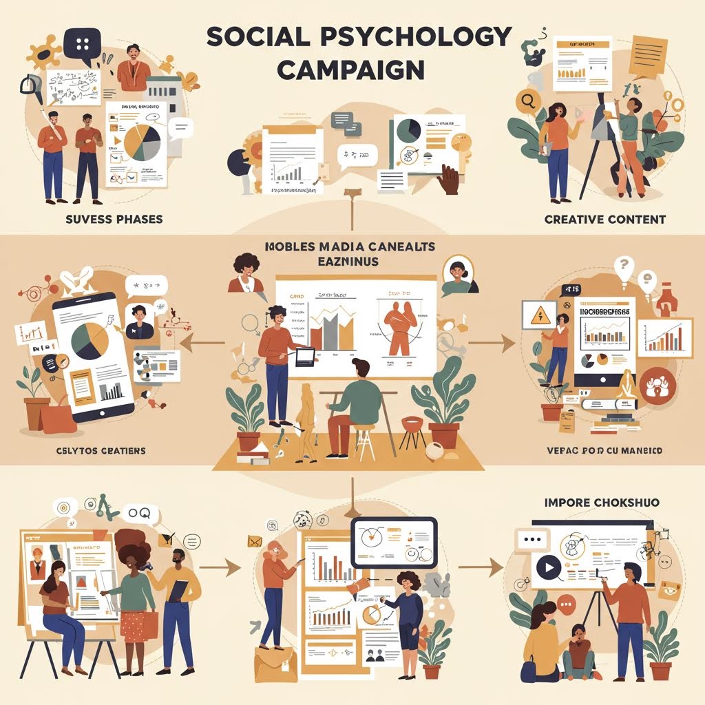 사회심리 캠페인을 주제로 다양한 인물이 정보를 제작하고 전달하는 과정을 도식화한 일러스트 흐름
