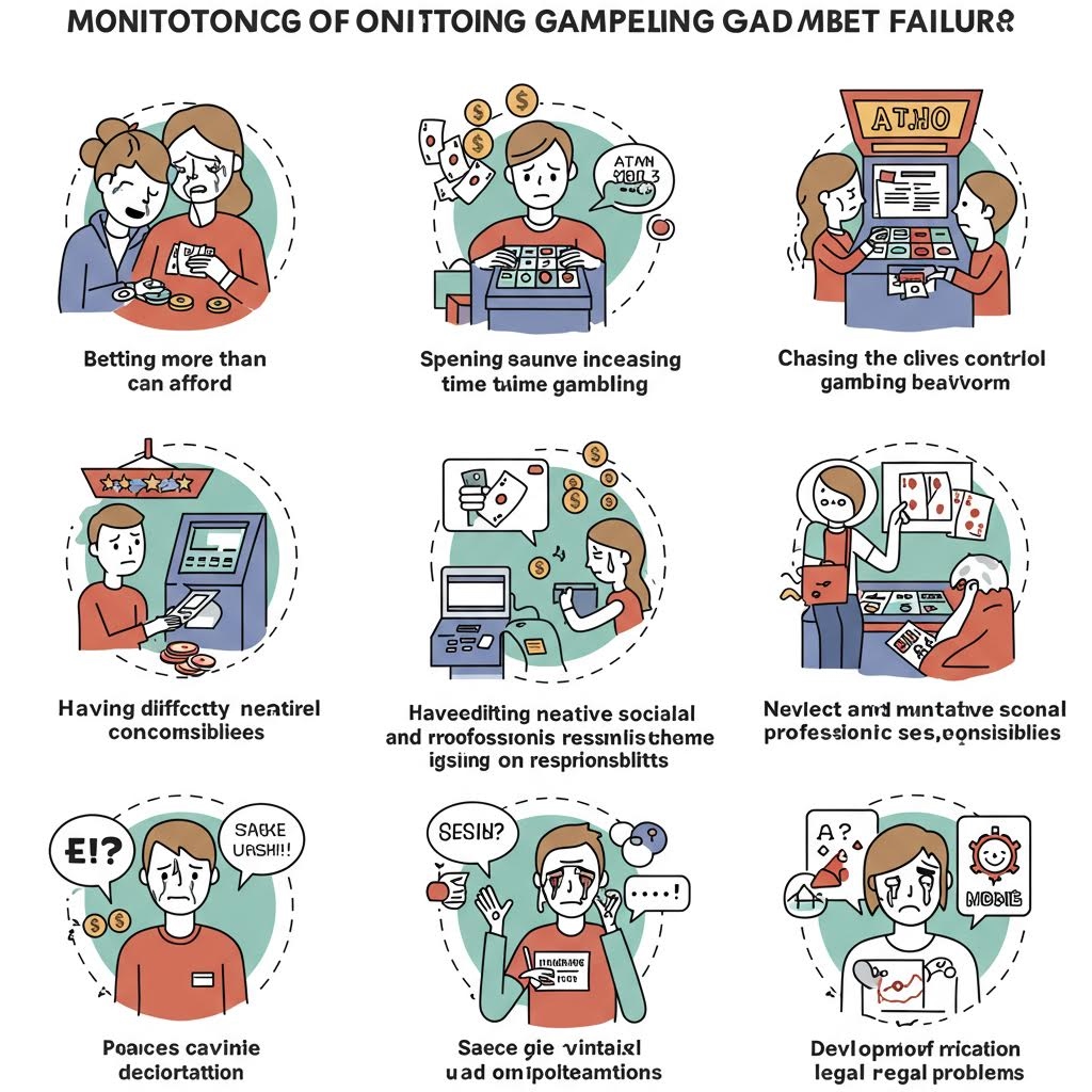 3x3 격자로 배열된 9개의 만화 일러스트레이션. 각 컷은 도박 중독이나 베팅 실패의 위험 패턴을 묘사합니다. 감당할 수 없는 베팅, 시간 및 돈 낭비, 책임 회피, 사회생활 소홀, 도박을 끊기 어려워하는 모습 등, 병적인 도박 실패의 다양한 행동적 징후들을 보여줍니다.