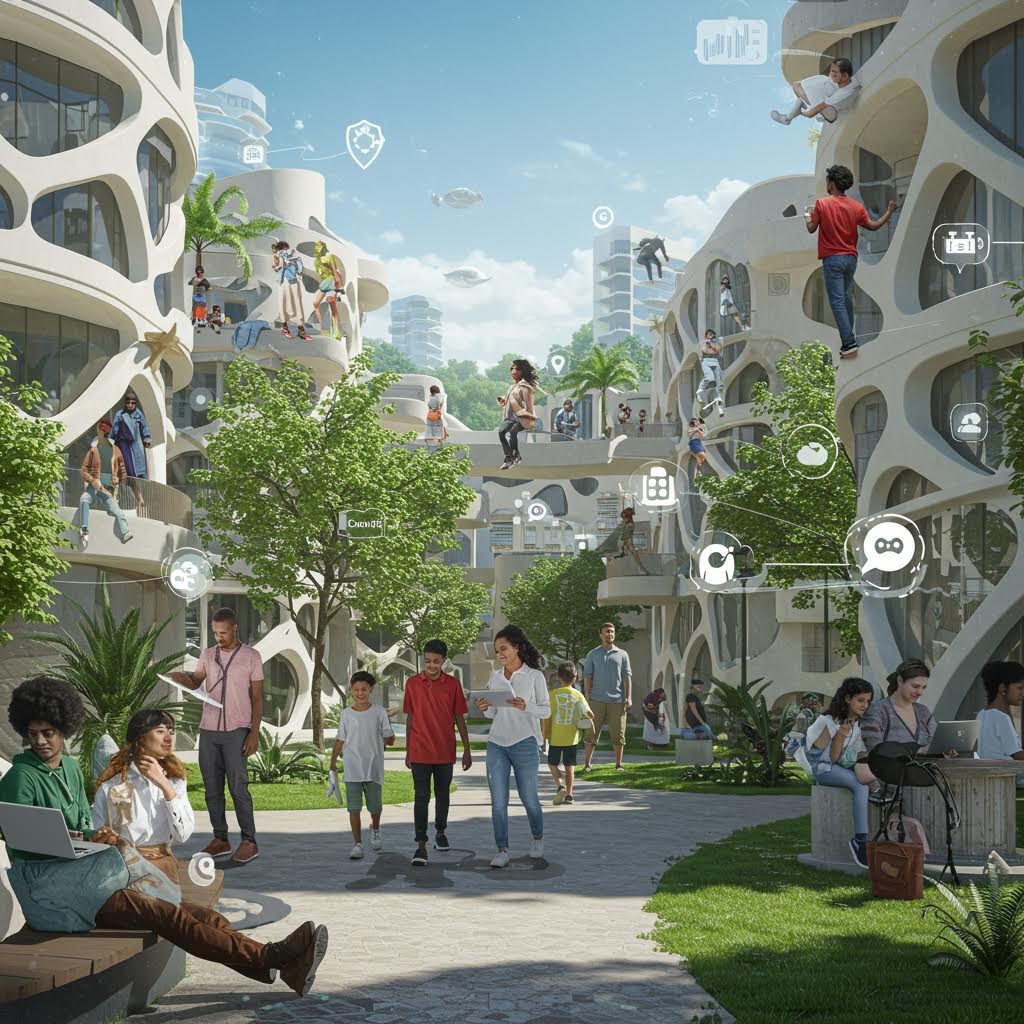 미래형 건축과 자연 공간이 공존하는 거리에서 사람들이 디지털 상호작용을 즐기는 새로운 커뮤니티 풍경