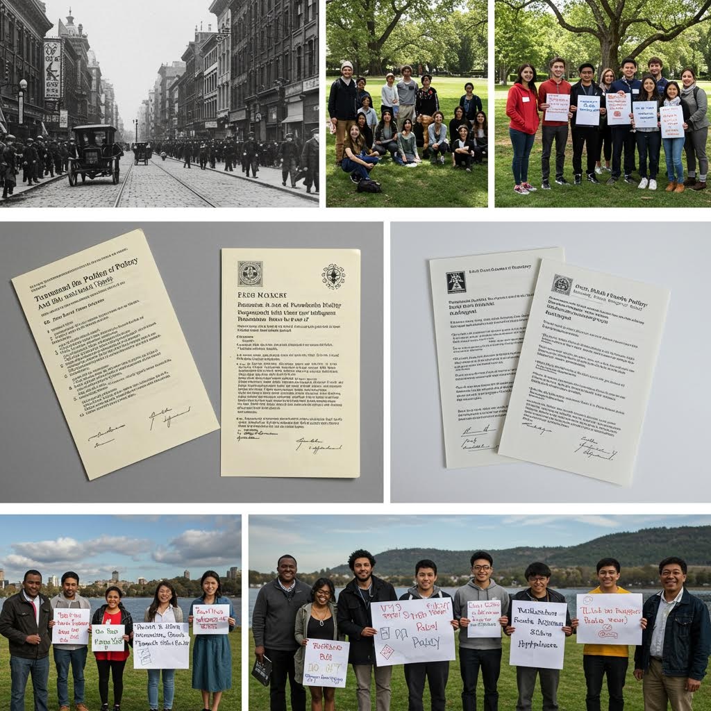 3x3 격자로 배열된 8개의 사진(중앙 하단 빈칸). 오래된 흑백 거리 사진, 잔디밭에 모여 앉은 대학생들, 피켓을 든 사람들, 그리고 복잡한 문서들이 배치되어 있습니다. 특히 피켓에는 'Policy', 'Approval' 등 공공 정책 관련 문구가 적혀 있으며, 이는 공공 정책 차원에서 긍정 심리(Positive Psychology) 도입의 배경과 근거를 탐구하는 맥락을 시각적으로 보여줍니다.