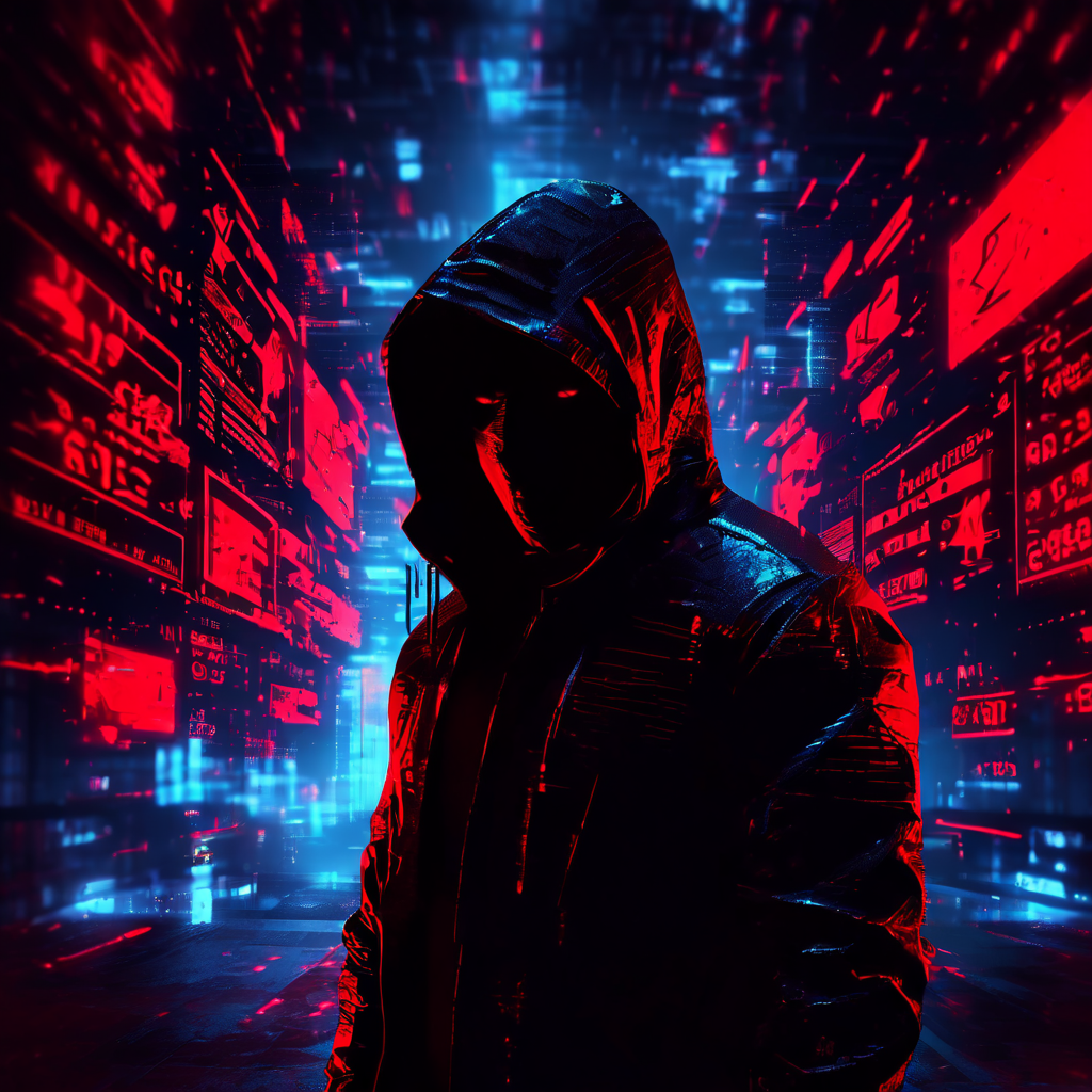 붉은색 글리치 경고등에 둘러싸인 얼굴 없는 실루엣이 어두운 공간에서 감시를 피하는 하이테크 분위기의 모습이다