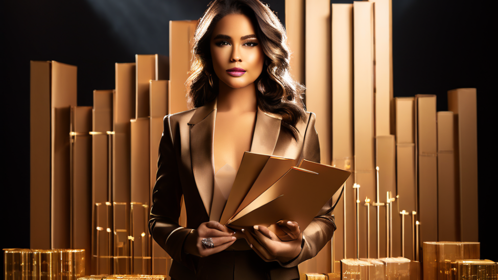 골판지로 만든 가짜 세트장 속에서 화려한 차림으로 수익 차트를 든 인물을 영화적 조명으로 비춘 모습이다.