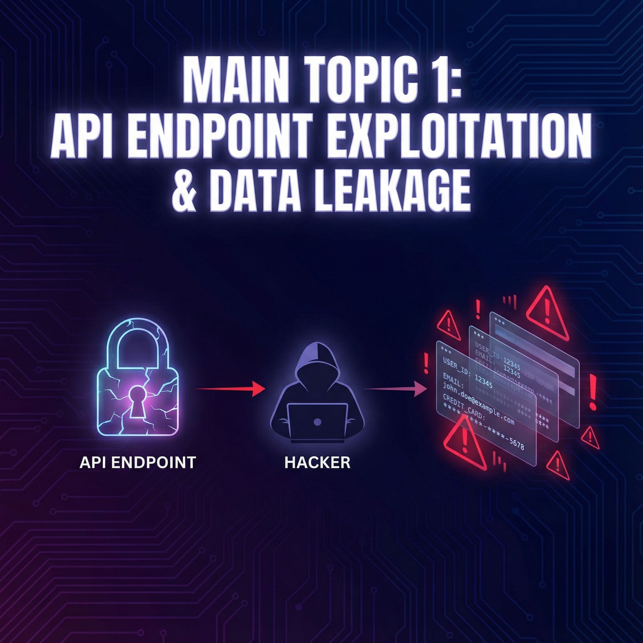어두운 기술 배경 위, 해커 실루엣과 노출된 DB기록, 경고 아이콘으로 API 유출을 나타낸 슬라이드이다.