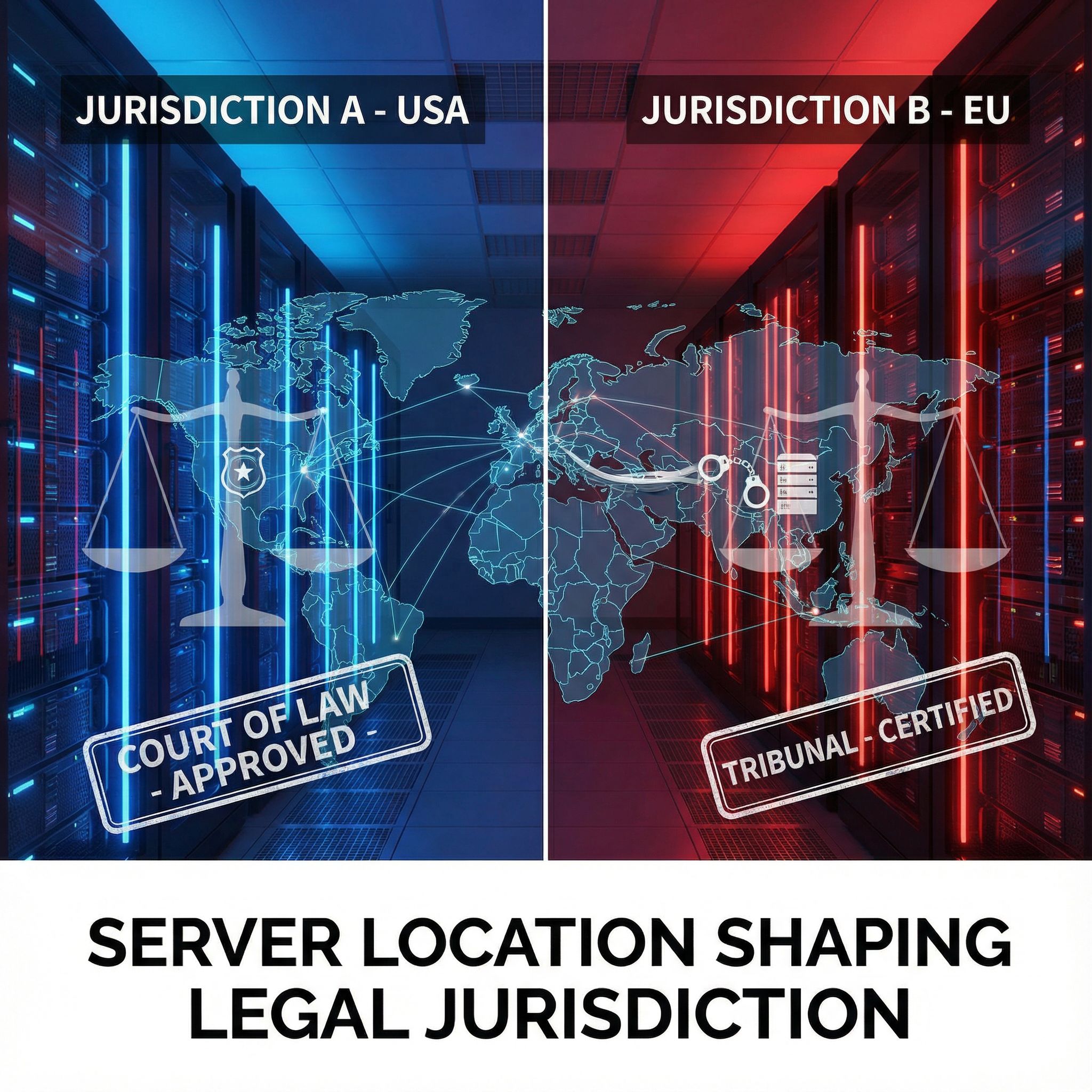 분할 화면에 푸른 서버랙과 국경선, 저울, 법원도장, 경찰 아이콘이 네트워크를 가로지르는 모습이다