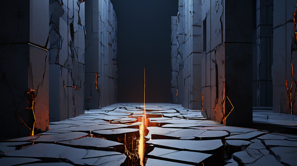 갈라진 바닥 위 기울어진 빛나는 저울과 가로막힌 벽이 위태로운 붕괴를 표현한 극적인 조명의 모습이다