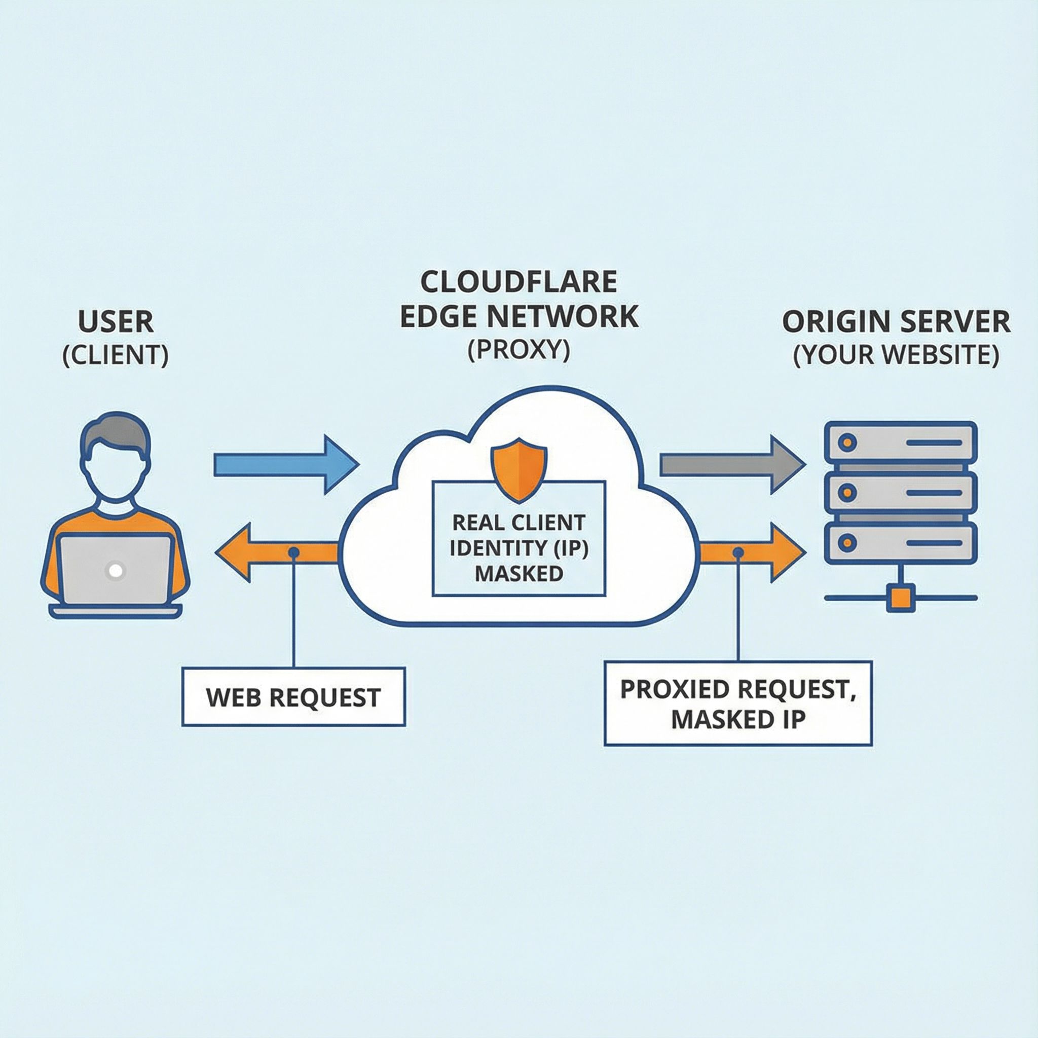파란 구름 아이콘과 서버 그림을 화살표로 잇고 사용자에서 엣지 거쳐 원 서버로 전달을 표시한 모습이다