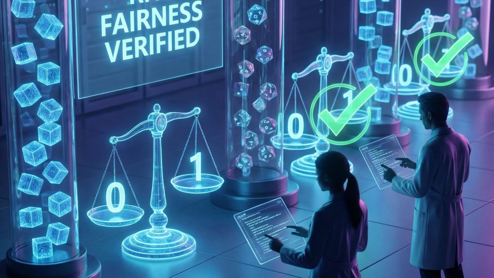 투명한 RNG 장치와 주사위, 0·1 저울을 감사원이 점검하는 푸른 조명 모습이다