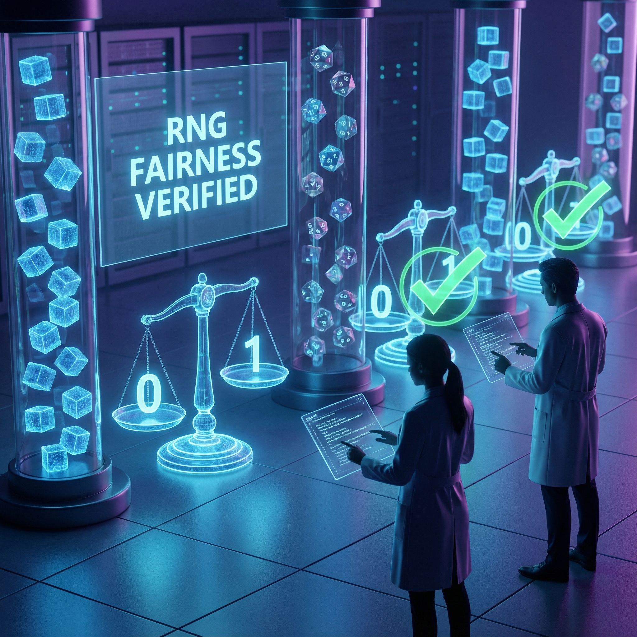 투명한 RNG 장치와 주사위, 0·1 저울을 감사원이 점검하는 푸른 조명 모습이다