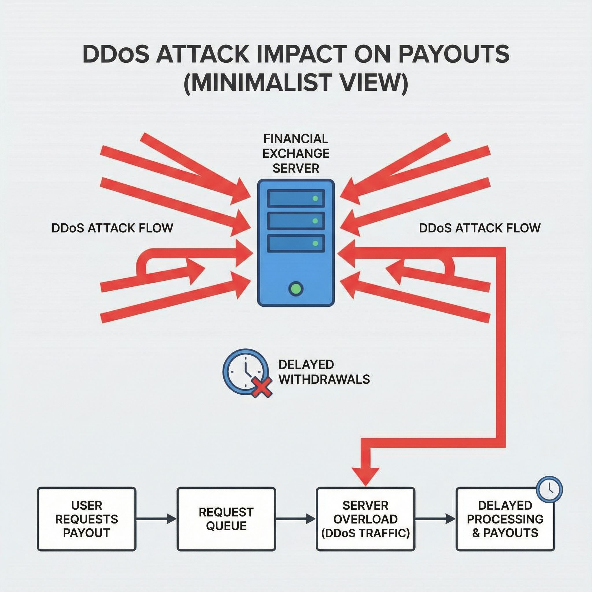 회색 배경에 서버 아이콘을 빨간 화살표가 타격, 출금 지연 흐름도가 표시된 모습이다