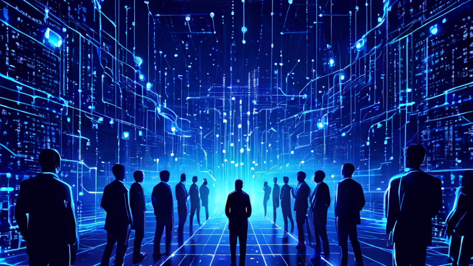 어두운 배경 속 중심점에서 뻗어 나가는 빛나는 데이터 선들이 복잡하게 얽혀 여론 조작을 묘사한 일러스트이다